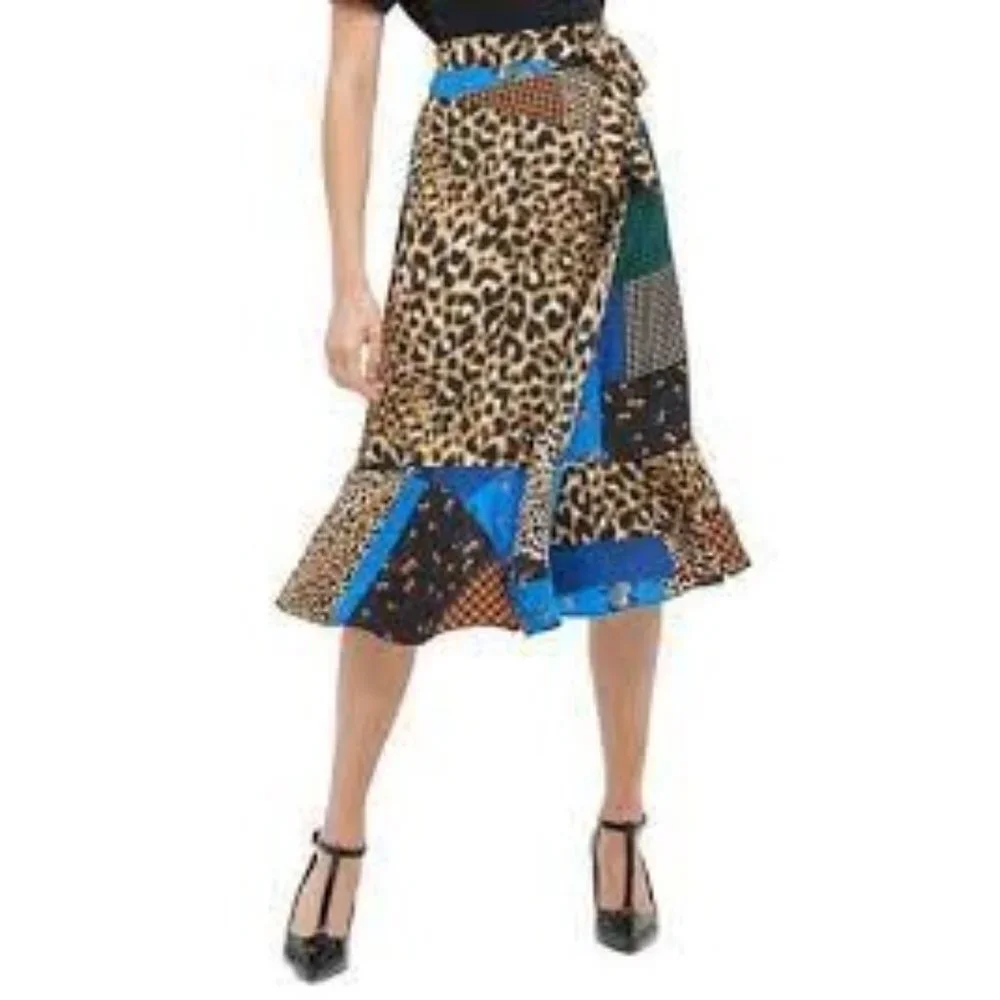 NWT Calvin Klein Ruffle Mix Print Skirt Patchwork Size 16 blue brown rust